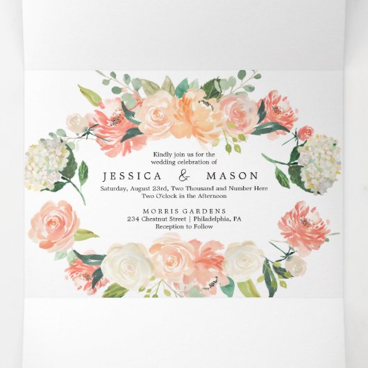 ピーチかわいらしフローラ結婚の3折招待状 三つ折り招待状 (内部中)