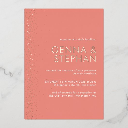 ピーチきらめくフォイル結婚式招待状カード 箔シーズンカード (正面)