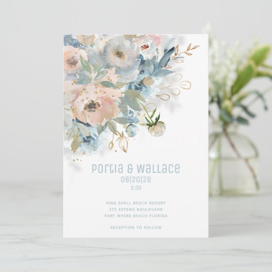 ピーチきらめく赤面&ダスティブルーズモダン結婚ズ 案内状 (スタンド正面)