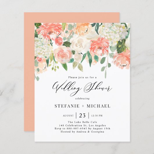 ピーチとアイボリーフラワーズウェディングシャワー招待状 (正面/裏面)