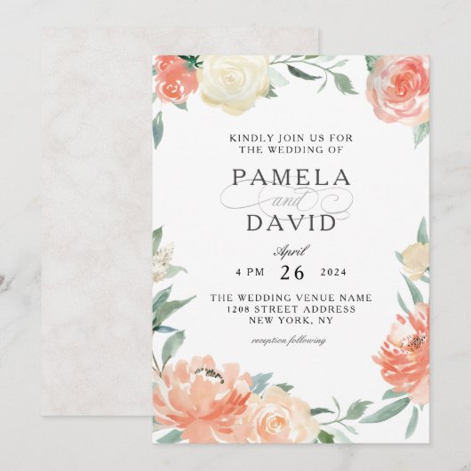 ピーチとクリームの水彩花のウェディング 招待状 (正面/裏面)