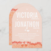 ピーチとコーラルハモダンートタイポグラフィ結婚ーズ 招待状 (正面/裏面)