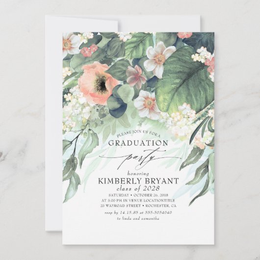 ピーチとピンクのフローラエレガントスタイリッシュ卒業 招待状 (正面)