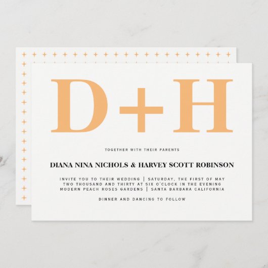 ピーチとホワイトイニシャルはっきりしたタイポグラフィ結婚ズ 招待状 (正面/裏面)