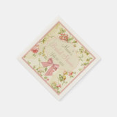 ピーチのボウが付いたビンテージ フローラル ブライダル シャワー スタンダードカクテルナプキン (角)