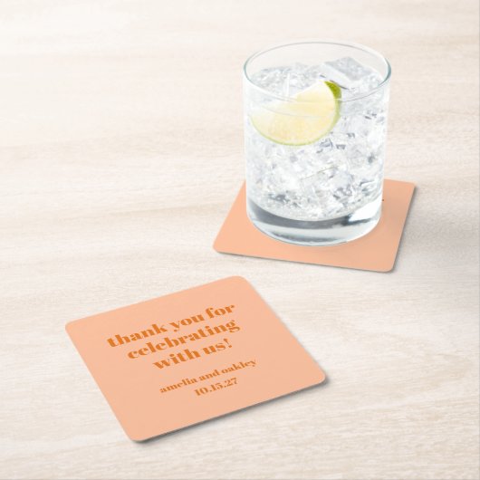 ピーチはっきりしたオレンジレトロカスタムウェディングサンキュー スクエアペーパーコースター (インサイチュ)