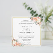 ピーチアイボリー赤面フローラ結婚金ゴールドズスクエア 招待状 (スタンド正面)