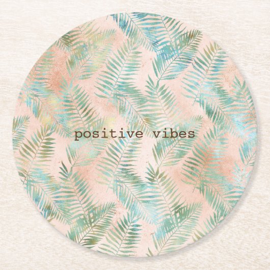 ピーチアクアグリーントロピカル葉 ラウンドペーパーコースター (正面)