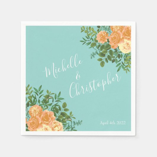 ピーチアクアティール（緑がかった色）結婚ズバラフローラ スタンダードカクテルナプキン (正面)