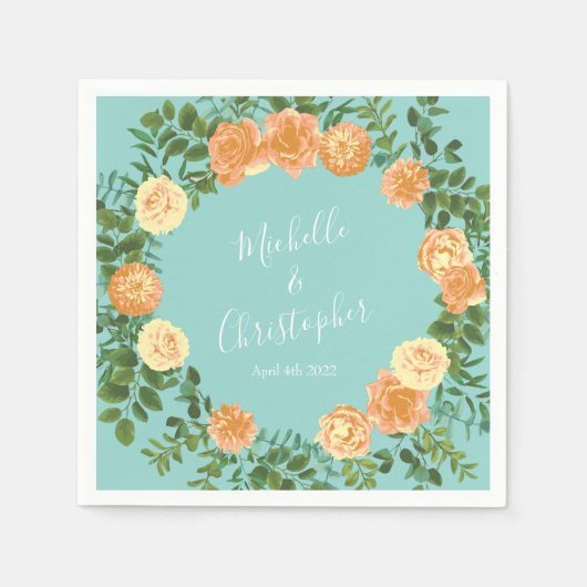 ピーチアクアティール（緑がかった色）結婚ズバラフローラ スタンダードカクテルナプキン (正面)