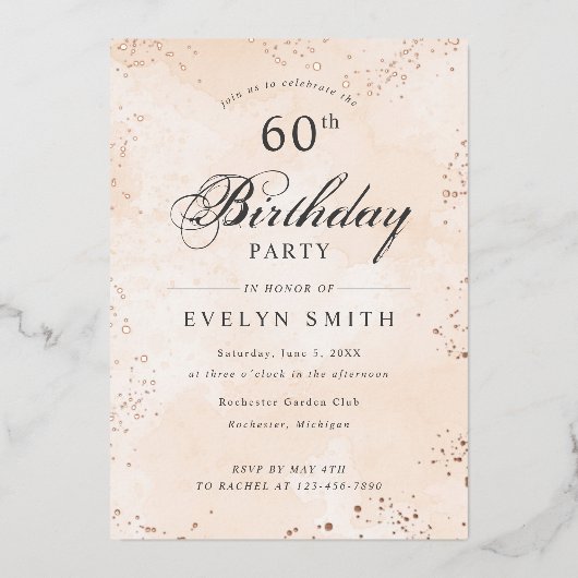 ピーチアプリコット60th誕生日パーティーバラ金ゴールド 箔招待状 (正面)