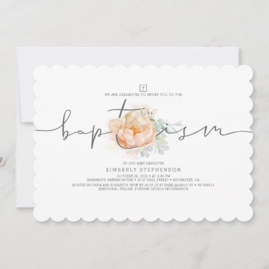 ピーチアンドクリームフローラエレガントガールズバプテスマ 招待状 (正面)