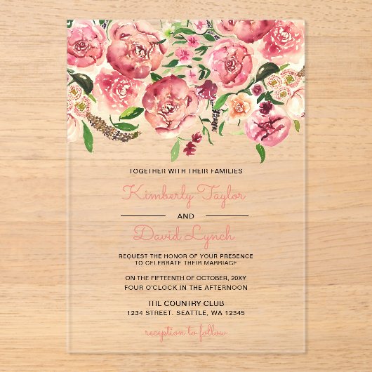 ピーチアンドコーラルフラワーズフローラ結婚式招待状 アクリル招待状 (正面)