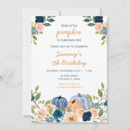 ピーチアンドネイビーブルーパンプキンスバースデーパーティー 招待状 (正面)