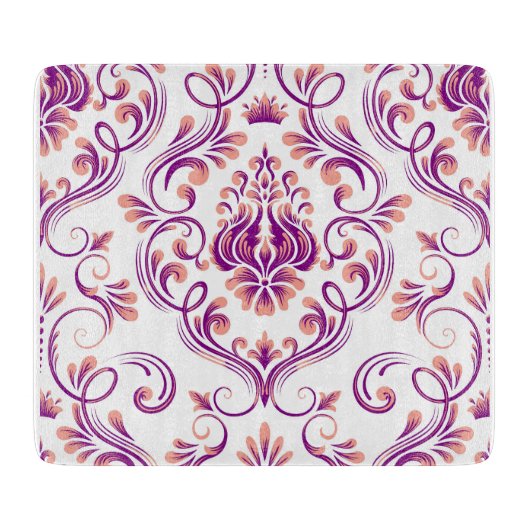 ピーチアンドパープルダマスクフローラエレガントグラス カッティングボード (正面)