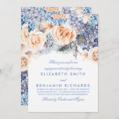 ピーチアンドブルーフローラウォーターカラー婚約パーティ 招待状 (正面/裏面)