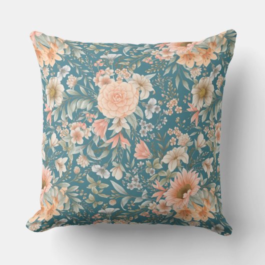ピーチアンドブルーフローラオンミディアムティール（緑がかった色）装飾用クッション クッション (正面)
