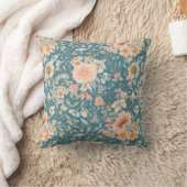 ピーチアンドブルーフローラオンミディアムティール(緑がかった色)装飾用クッション クッション (ブランケット)
