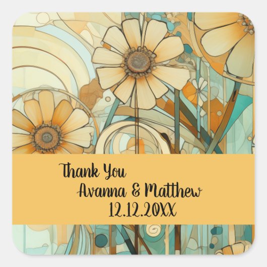 ピーチアンドベージュフローラ抽象芸術 スクエアシール (正面)