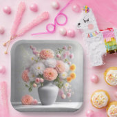 ピーチアンドホワイトダリアブーケ ペーパープレート (パーティー)