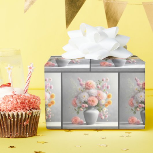 ピーチアンドホワイトダリアブーケ ラッピングペーパー (誕生日パーティー)