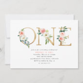 ピーチアンドホワイトフローラファースト誕生日招待状 招待状 (正面)