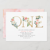 ピーチアンドホワイトフローラファースト誕生日招待状 招待状 (正面/裏面)