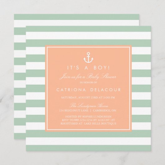 ピーチアンドミントベビー航海のシャワー招待状 招待状 (正面/裏面)