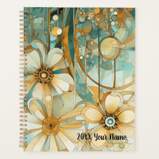ピーチアンドライトティール（緑がかった色）抽象芸術フラワーガーデン プランナー手帳 (正面)