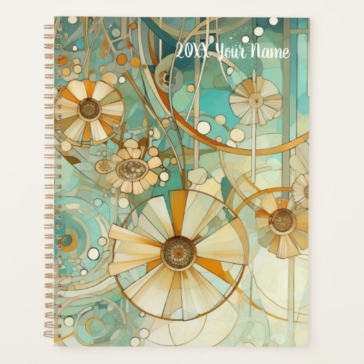 ピーチアンドライトティール(緑がかった色)抽象芸術フラワーガーデン プランナー手帳 (正面)