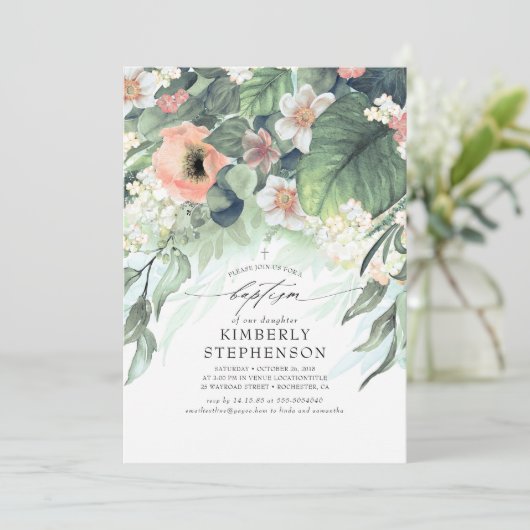 ピーチアンド赤面ピンクフローラエレガントバプテスマ 招待状 (スタンド正面)