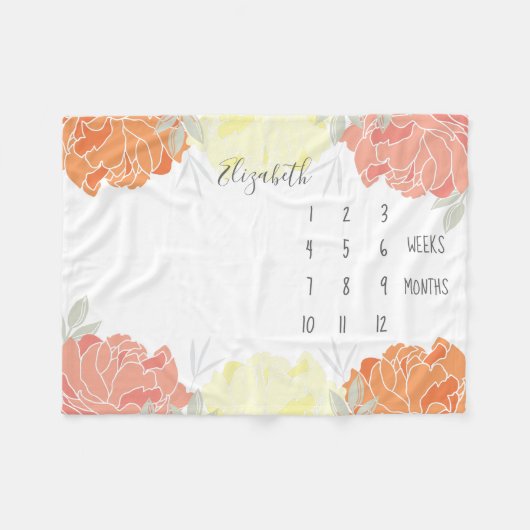 ピーチイエローオレンジ牡丹フローラベビーマイルストーン フリースブランケット (正面(横))