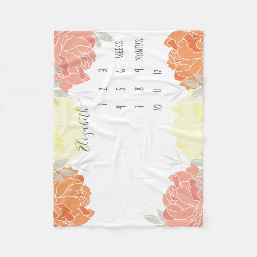 ピーチイエローオレンジ牡丹フローラベビーマイルストーン フリースブランケット (正面)