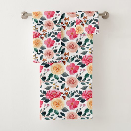 ピーチイエローピンクの緑ガーリーの花の模様 バスタオルセット (インサイチュ)