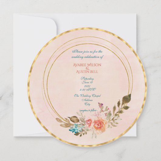 ピーチウォーターのカラーバラと金ゴールド幾何学模様 招待状 (正面)