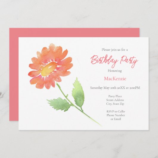 ピーチウォーターカラーデイジー 招待状 (正面/裏面)