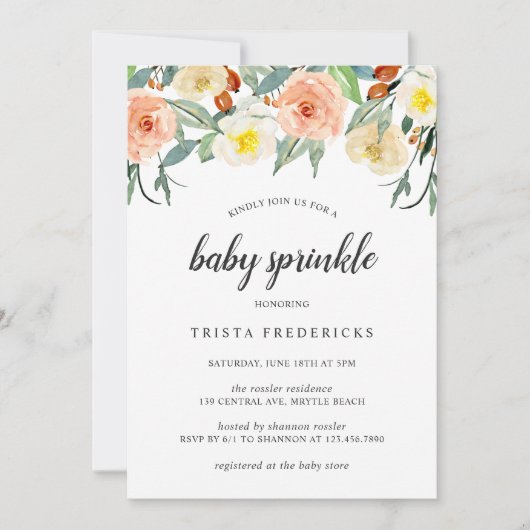 ピーチウォーターカラーバラフローラガールベビースプリンクル 招待状 (正面)