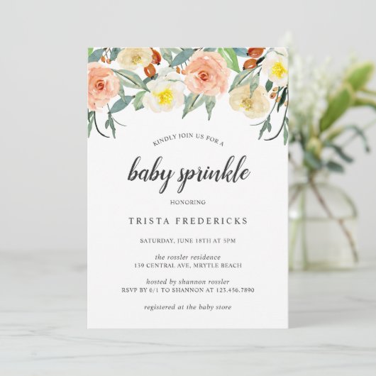 ピーチウォーターカラーバラフローラガールベビースプリンクル 招待状 (スタンド正面)