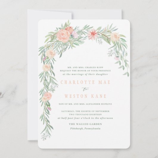 ピーチウォーターカラーフラワー結婚式招待状 招待状 (正面)