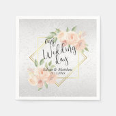 ピーチウォーターカラーフローラとホワイトグリッター スタンダードカクテルナプキン (正面)