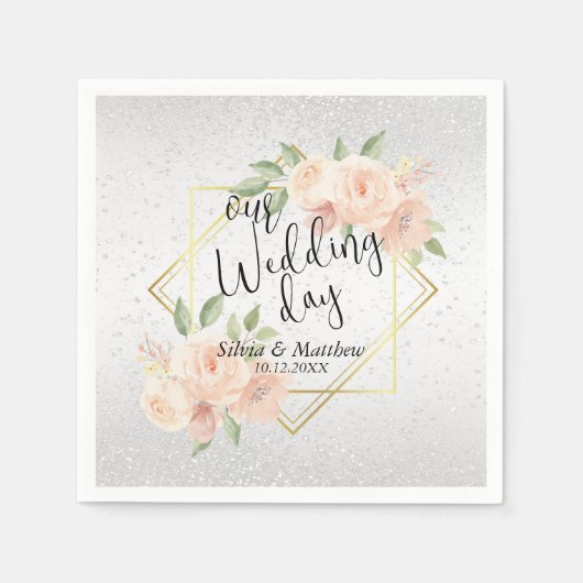 ピーチウォーターカラーフローラとホワイトグリッター スタンダードカクテルナプキン (正面)