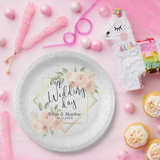 ピーチウォーターカラーフローラとホワイトグリッター ペーパープレート (パーティー)