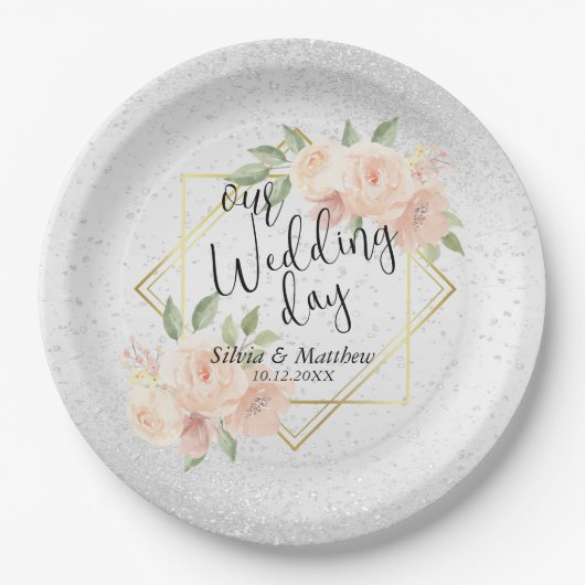 ピーチウォーターカラーフローラとホワイトグリッター ペーパープレート (正面)