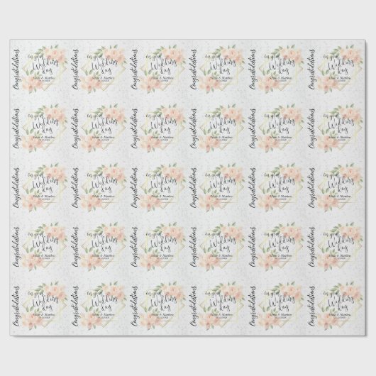 ピーチウォーターカラーフローラとホワイトグリッター ラッピングペーパー (フラット)