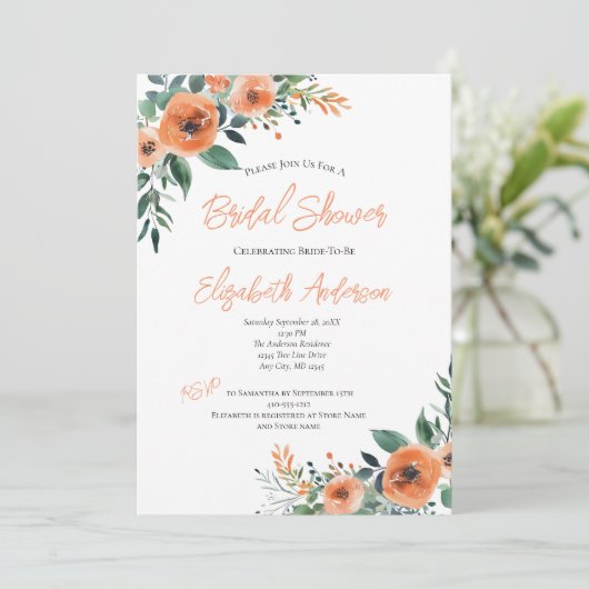 ピーチウォーターカラーフローラエレガントブライダルシャワー 招待状 (スタンド正面)