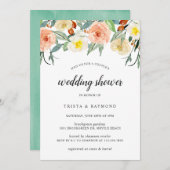 ピーチウォーターカラーフローラカップルウェディングシャワー 招待状 (正面/裏面)