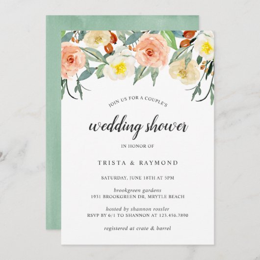 ピーチウォーターカラーフローラカップルウェディングシャワー 招待状 (正面/裏面)