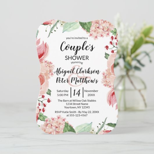ピーチウォーターカラーフローラカップルウェディングシャワー 招待状 (スタンド正面)