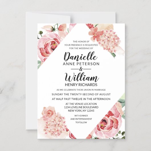 ピーチウォーターカラーフローラジオメトリックシック結婚ズ マグネット招待状 (正面)