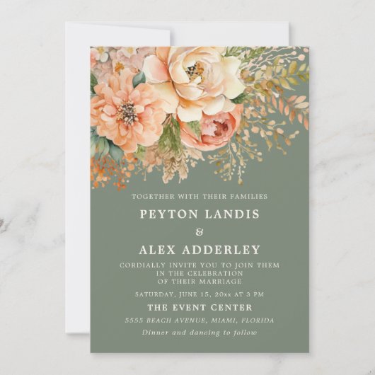 ピーチウォーターカラーフローラセージ結婚グリーン 招待状 (正面)